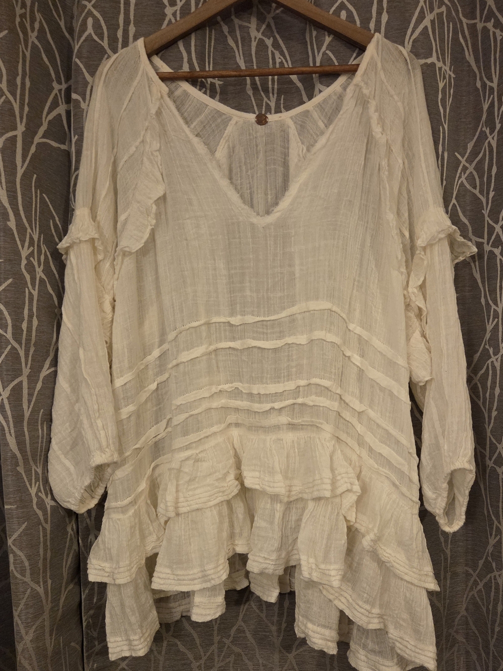 Boho Cream Ruffle Flowy V-Neck Tunic Top